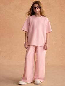 SHEIN Bộ áo thun rộng thùng thình + quần ống rộng cho bé gái tuổi teen. Chất liệu thoáng mát, màu hồng tươi tắn, thích hợp cho kỳ nghỉ và mặc thường ngày. - Màu Hồng baby - Xem 5