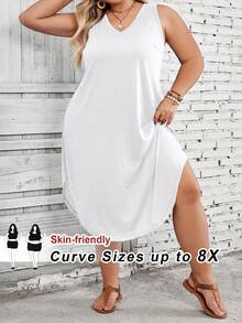 SHEIN CURVE+ 大码女式纯色弧形下摆背心连衣裙 - 白色 - 查看 6
