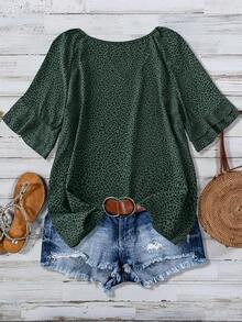 Linhara 大码女式夏季休闲豹纹圆领衬衫 - 墨綠色 - 查看 2
