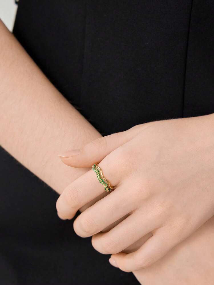 18K GOLD PLATED DOUBLE RING GREEN ZIRCONIUM SET SIMPLE RING