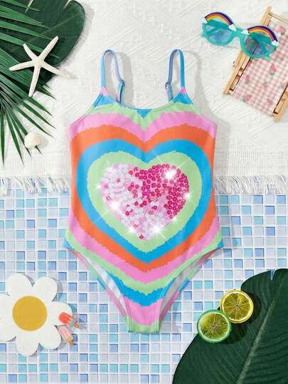 SHEIN Young Girls Heart Print Sequin Patchwork Spaghetti Strap One-Piece Swimsuit