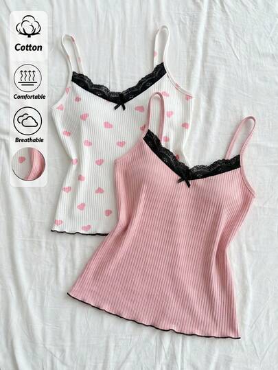 SHEIN Cotton 2pcs Rib Knit Solid Colour Pink & White Heart Patterned Contrast Lace Strappy Cami Casual Tops Homewear Comfort Sleep Tops Set For Summer