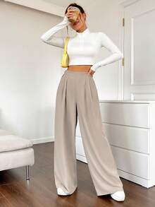 SHEIN Tall CURVE 大码女式高腰褶裥阔腿裤 - 卡其色 - 查看 4