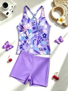 SHEIN 少女比基尼套装，无袖露脐上衣，紫色、蓝色和粉色扎染抽象花卉叶子印花，搭配纯紫色泳裤，时尚休闲优雅泳装，适合游泳、夏季度假、海滩、泳池派对。少女紫色比基尼泳衣，少女紫色泳装，少女比基尼套装，少女比基尼泳衣，少女花卉比基尼泳衣，少女比基尼泳装，少女比基尼泳衣，紫色比基尼泳装，少女沙滩紧身上衣套装，少女比基尼泳装，全包臀春夏精选泳装，少女泳装，少女比基尼泳衣，少女运动比基尼泳装，青少年比基尼泳装。 - 紫色 - 查看 4