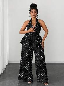 Maweii Plus Size Polka Dot Elegant 90s Commuting Fashion Versatile 2 Pieces Set Brunch Vacation Wedding Guest Black And White Summer - Black - View 4