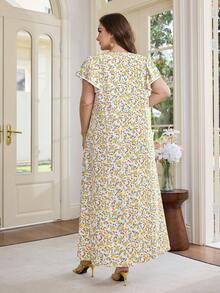 Al Najma Plus Size Women's Ditsy Floral Square Neck Ruffle Sleeve Arabic Style Dress - Multicolor - View 2