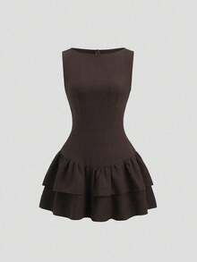SHEIN PETITE Đầm mini không tay dáng chữ A, viền bèo đôi, thời trang, cổ điển, lãng mạn, thanh lịch, dễ thương, ngọt ngào phong cách Bohemian, thích hợp cho lễ hội âm nhạc, kỳ nghỉ, hẹn hò, đi làm, dành cho phụ nữ nhỏ nhắn, mùa xuân/hè. - màu nâu - Xem 3