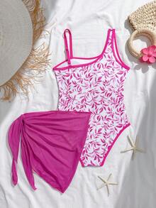 SHEIN Bộ đồ bơi liền thân và váy lưới màu hồng cánh sen thanh lịch dành cho bé gái tuổi teen, phối cùng họa tiết lá cây và viền màu hồng cánh sen, thích hợp cho bãi biển, kỳ nghỉ hè và các bữa tiệc bơi. - Nhiều màu - Xem 2