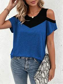 SHEIN LUNE CURVE Spring Summer Autumn Personalized Blue & Black Color Block Off-Shoulder Design Holiday Commute Casual Elegant Multi-Occasion Plus Size T-Shirt - Blue - View 5