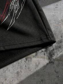 ROMWE MEN Men's Elastic Waist Drawstring Color Block Fashion Print Summer Shorts - Black - View 4