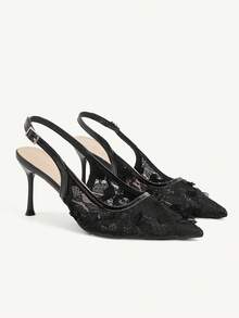 CUCCOO CHICEST 女鞋尖头细高跟黑色蕾丝后跟带时尚优雅百搭通勤女鞋高跟鞋露跟鞋女鞋 - 花黑色 - 查看 3