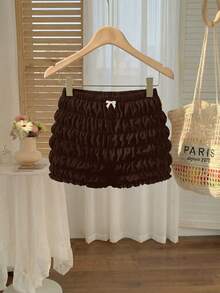 SHEIN MOD Plus Size Tomato Girl Cute Bow Decor Ruffle Trim Mini Shorts - Brown - View 5