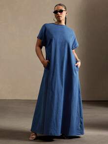 Vixey Đầm maxi denim tay bồng vai rớt cổ chữ V khoét sâu phía sau - Rửa tối - Xem 3