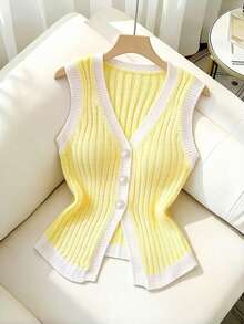 SHEIN Franclia Women's Casual Ribbed Single-Breasted Knit Top, Versatile For Daily Wear - Light Yellow - View 3