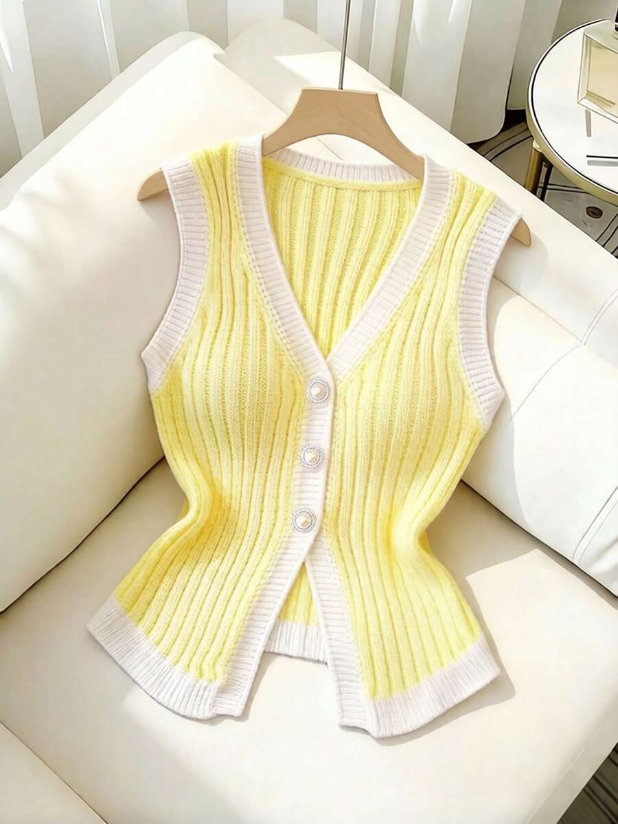 SHEIN Franclia Áo dệt kim dáng suông một hàng cúc dành cho nữ, kiểu dáng thường ngày, đa năng. - Vàng nhạt - Xem 1