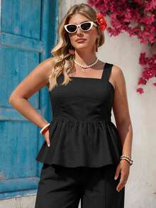 Vivid Eden Plus Size Solid Color Woven Vest & Loose Wide-Leg Pants 2 Pieces Set, Spring/Summer - Black - View 2
