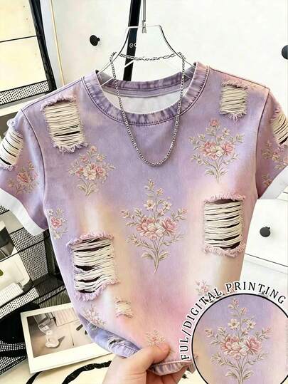 Franclia Women's Casual Floral Print Round Neck Short Sleeve T-Shirt, Summer