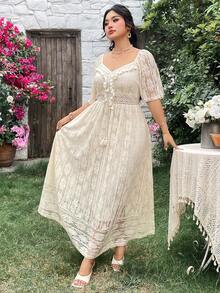 Modelyn 女士短袖波西米亚风柔软蕾丝优雅舒适夏季大码连衣裙 - 杏色 - 查看 3