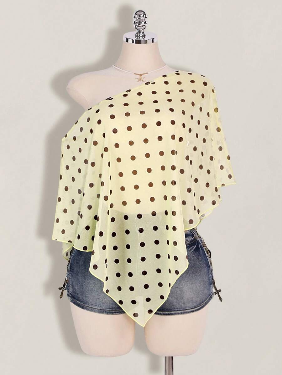 SHEIN ICON Plus Size Women's Black & White Polka Dot Asymmetrical Shoulder Mesh Blouse - Light Yellow - View 1