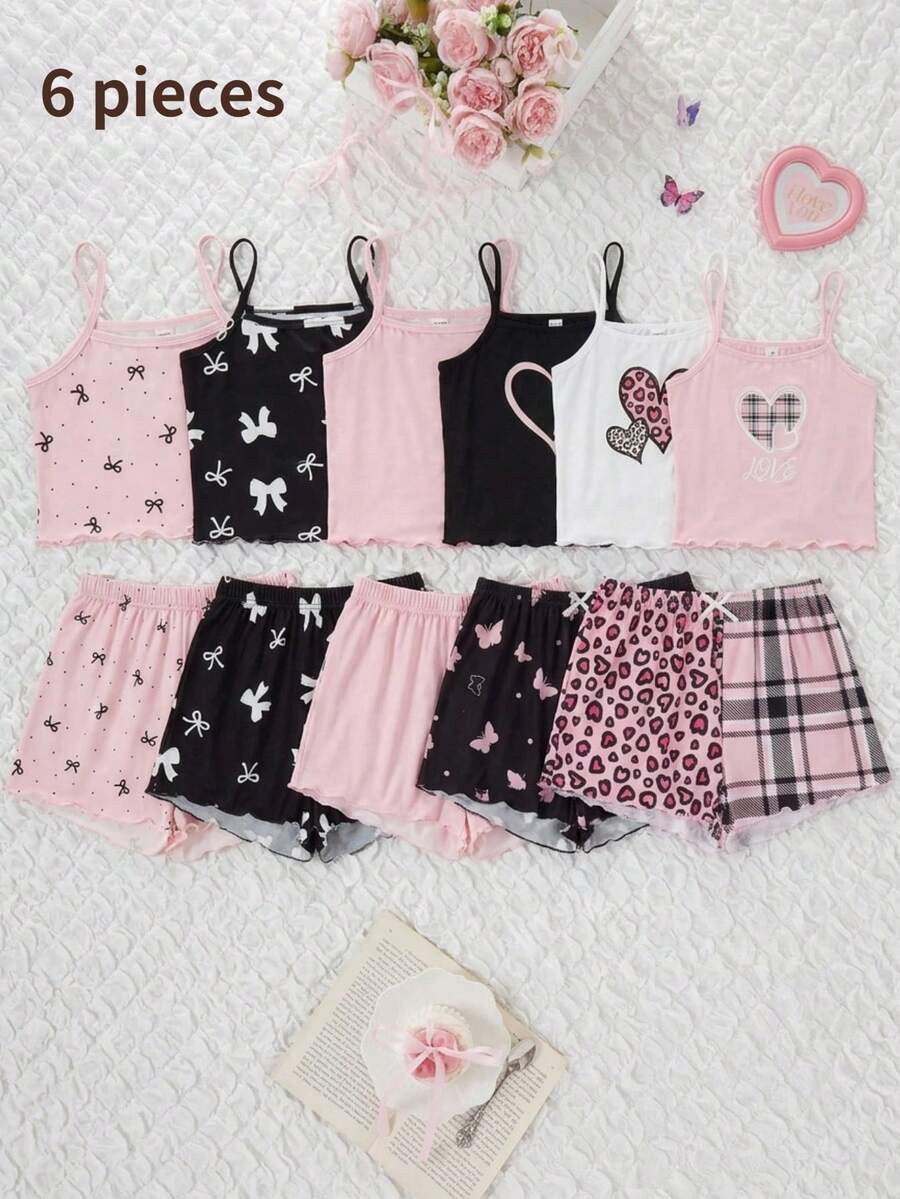Conjunto de pijama de 3 piezas con camiseta de tirantes y pantalones cortos con estampados de corazones, lazos y cerezas, cómodo y casual para niñas y adolescentes - Multicolor - Ver 1