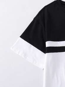 Vacaura 2 pezzi/set Maglietta a girocollo casual e pantaloni sportivi con stampa a blocchi di colore in contrasto per ragazzi adolescenti, tessuto confortevole, vestibilità slim, adatto per più stagioni - Bianco e nero - Visualizzare 4