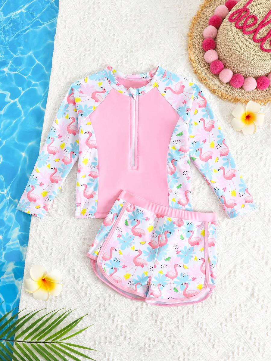 Bộ đồ bơi tankini dài tay in hình chim hồng hạc hoạt hình cho bé gái, đồ trẻ em - Nhiều màu - Xem 1