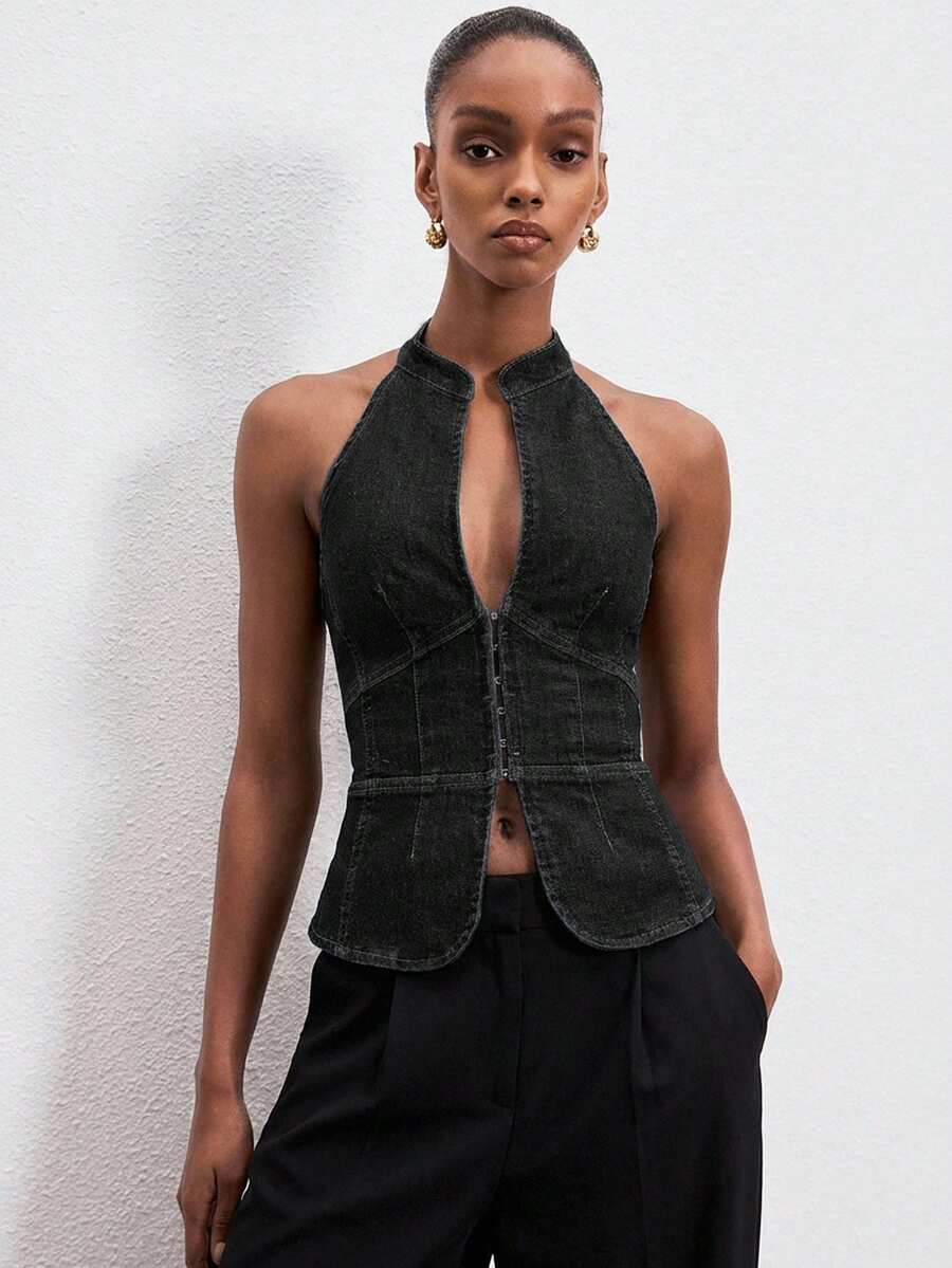 ATUI Studio Áo denim nữ thời trang, đa năng, khoét eo, gợi cảm kiểu yếm - màu đen - Xem 1