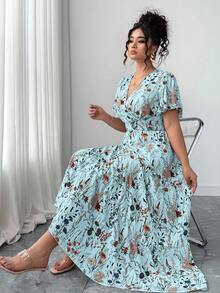 SHEIN Clasi 大码女式V领收腰花卉荷叶袖长款连衣裙，休闲优雅时尚春夏海滩装扮，下午茶派对，复活节 - 彩色 - 查看 3