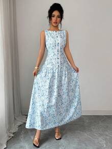 Selianne Women's White Floral Summer Elegant Sexy Holiday Vacation Maxi Dress,Sleeveless Round Neck Waist-Cinched Ruffle Decor Contrast Button Golf - Aqua Blue - View 5