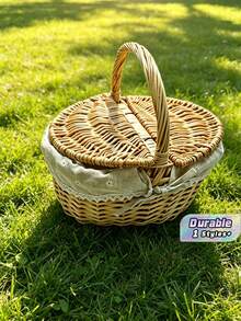 Multicolor Handwoven Storage Basket - Natural Wicker Fruit & Vegetable Bin - Rustic-Style Wicker Picnic Basket (With Lid, Handle, And Liner) - Ideal For Picnics, Parties, And BBQ Gatherings - Multicolor - View 1