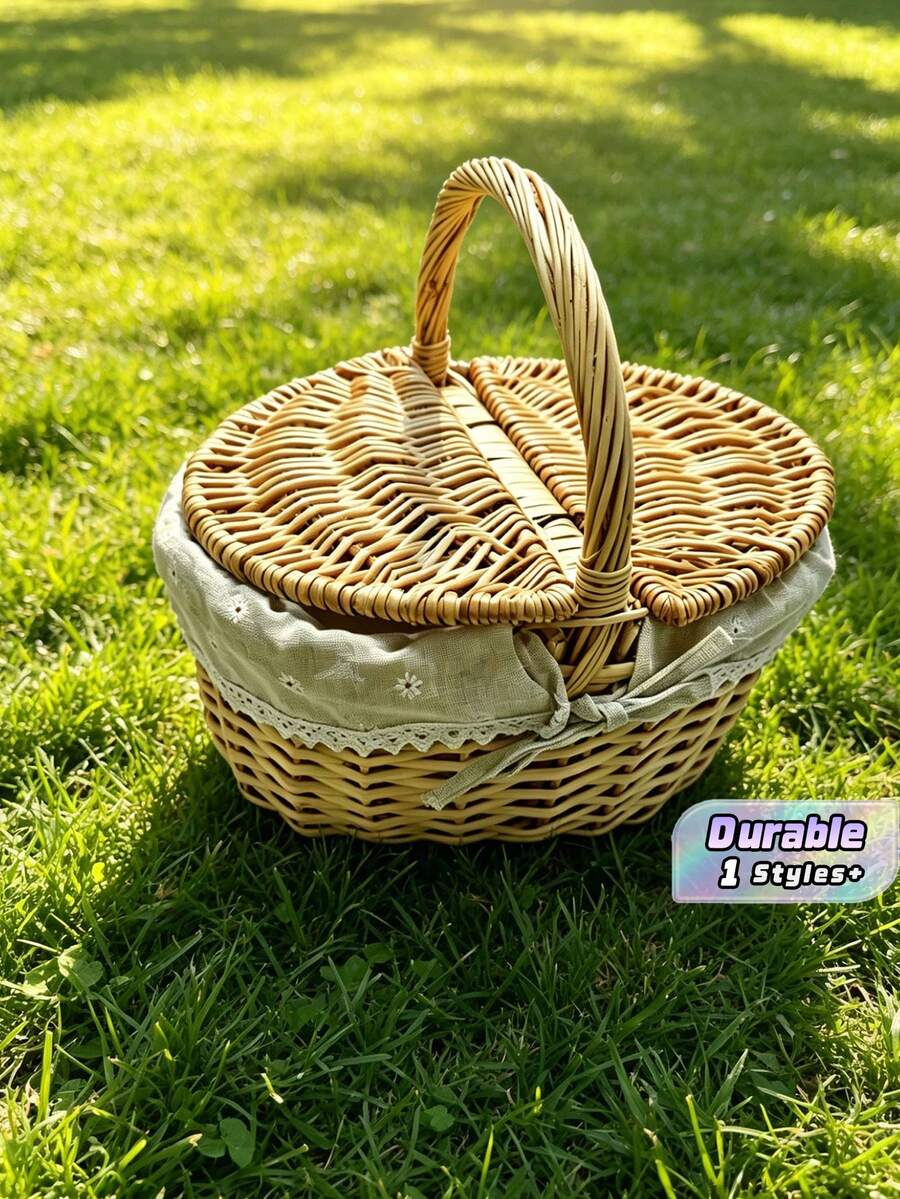 Multicolor Handwoven Storage Basket - Natural Wicker Fruit & Vegetable Bin - Rustic-Style Wicker Picnic Basket (With Lid, Handle, And Liner) - Ideal For Picnics, Parties, And BBQ Gatherings - Multicolor - View 1