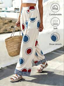 SHEIN Holidaya Women's Casual Vacation Geometric Print Long Pants, Summer - Apricot - View 2