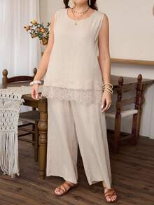Lacomfia 2pcs Plus Size Women Summer Set, Minimalist Boho Round Neck With Decorative Hem Splice And 3D Floral Trim Vacation Beige - Apricot - View 6