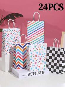 Conjunto de 5/12/16/20/24 Sacolas de Presente com Alças e Estampa de Bandeira Quadriculada - Decoração para Festa Temática de Corrida em Preto e Branco, Sacolas para Doces de Aniversário, Lembrancinhas para Pequenos Negócios e Eventos - Multicolorido - Ver 10