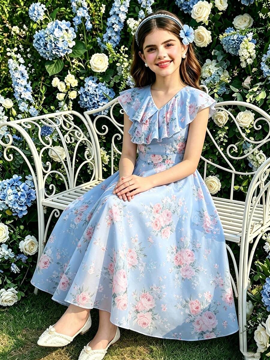 SHEIN Elladie kids 少女輕藍色花卉優雅V領荷葉領無袖高腰雪紡洋裝,夏季休閒派對畢業典禮婚禮正式禮服 - 紫色 - 查看 1