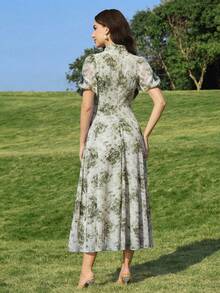 Modelyn Floral Print Elegant Short Sleeve Tie Collar Ruched Waist Dress For Women - Green - View 2