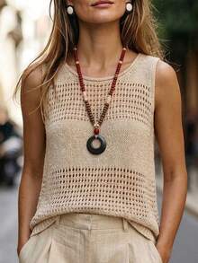 EMERY ROSE 女士时尚百搭镂空圆领针织上衣 - 杏色 - 查看 1
