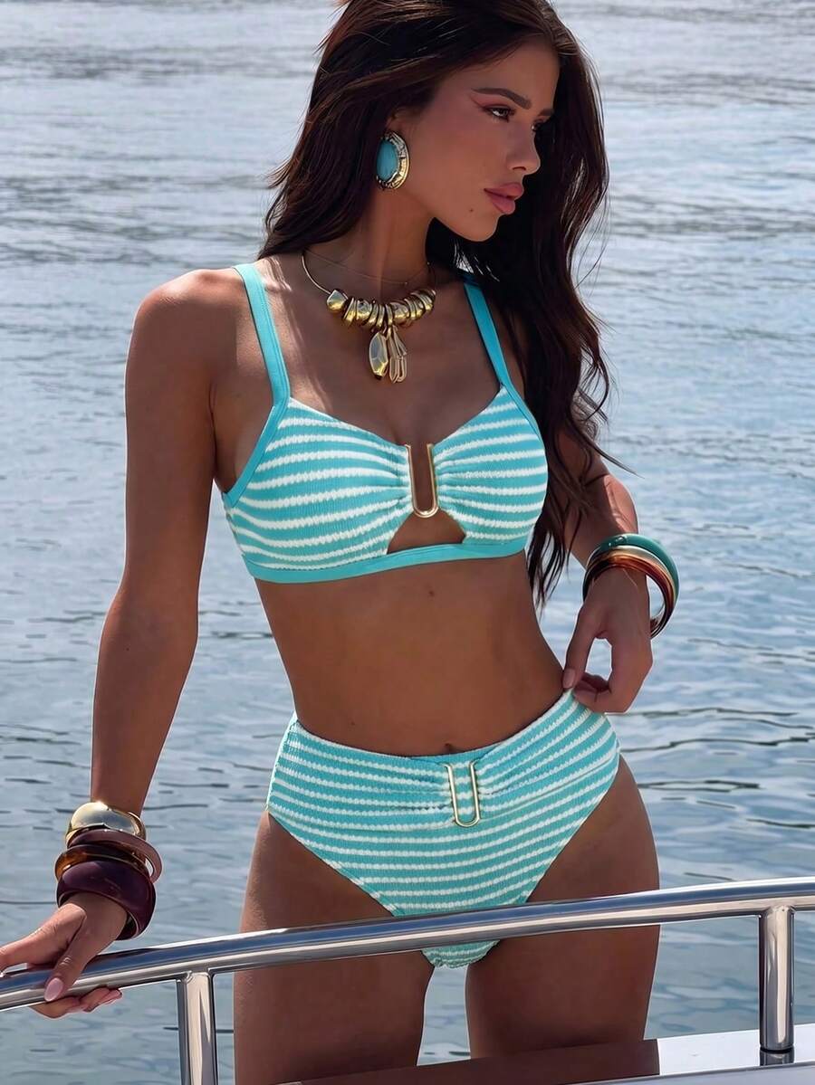 Swim Chiccia 2026春夏棕色粗肩带可调节金色U型装饰高腰亮片设计女士优雅比基尼两件式泳衣 - 薄荷藍 - 查看 1