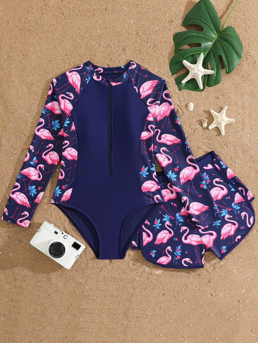 SHEIN 少女比基尼泳装,蝴蝶结拉链设计两件套,无袖露脐上衣和短裤,适合游泳、海滩、泳池、夏季度假、派对等场合。 - 彩色 - 查看 1