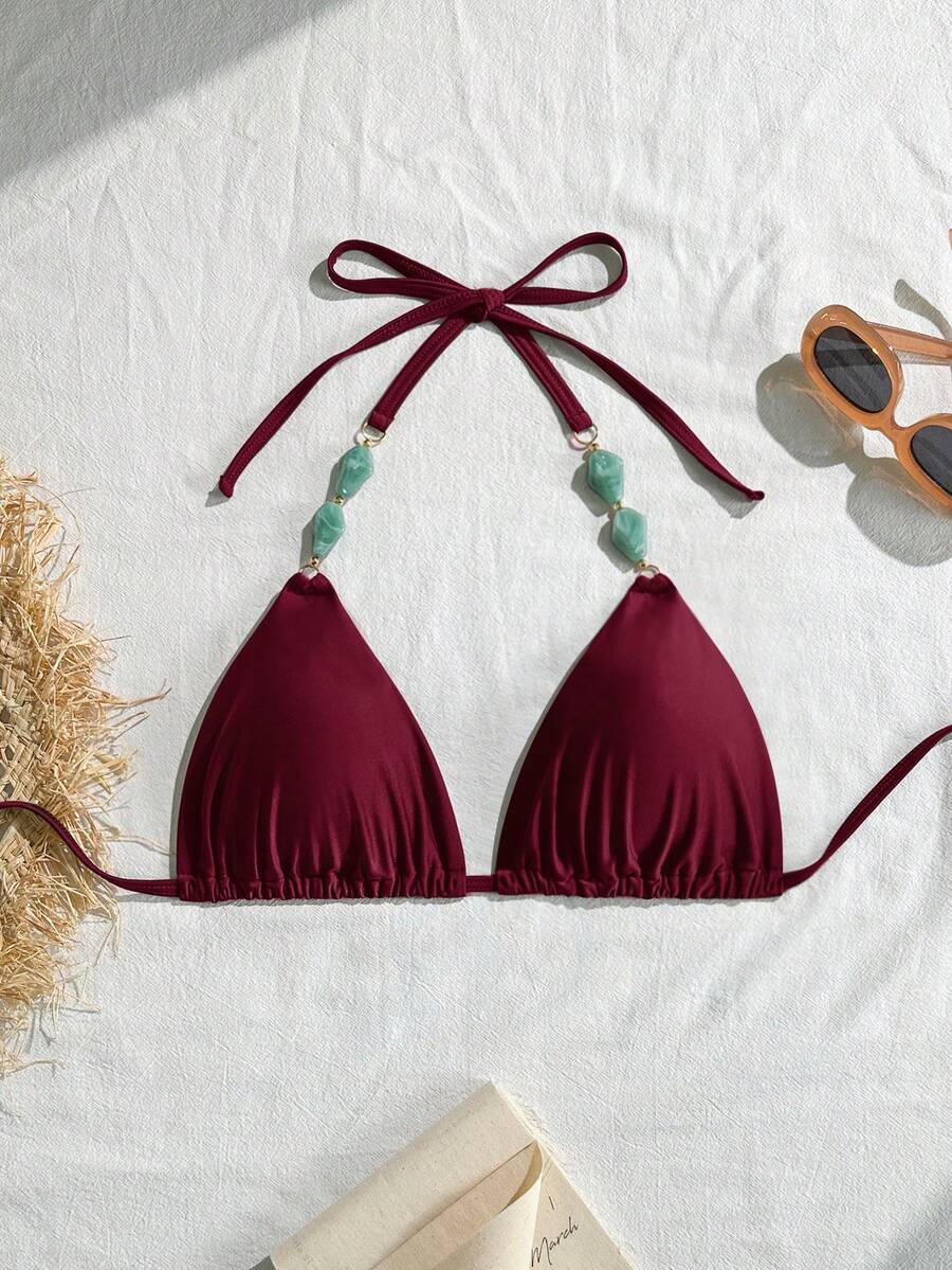 Swim Vcay Áo bikini hai mảnh cổ yếm màu nâu đính đá quý kiểu cổ điển dành cho nữ cỡ lớn, thích hợp cho kỳ nghỉ biển. - Màu Đỏ Sâu - Xem 1