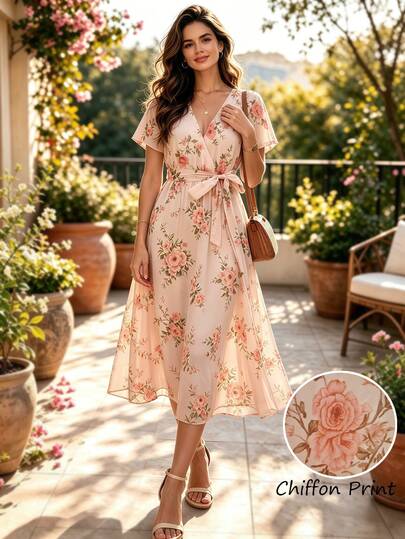 Balvessa Chiffon Floral Print Wrap Dress With Tie Waist, Elegant Dress For Vacation