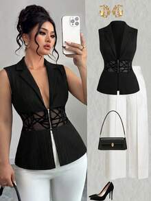 Elenzga Plus Size Women's Fashion Sheer Cinched Waist Thin Zip-Up Blazer - Black - View 1