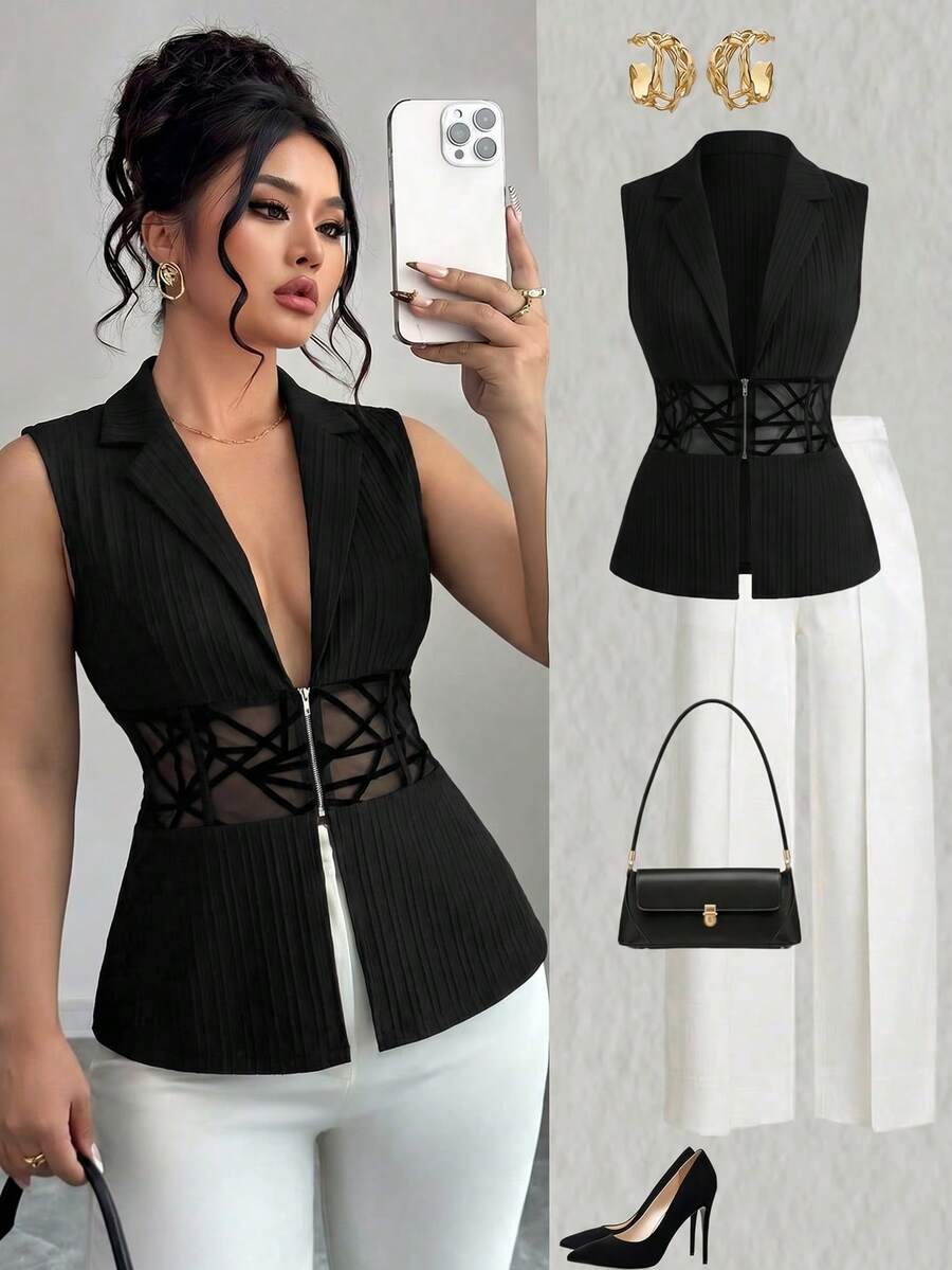 Elenzga Plus Size Women's Fashion Sheer Cinched Waist Thin Zip-Up Blazer - Black - View 1