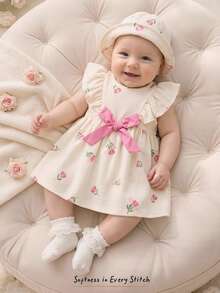 Cozy Pixies Vestido de niña recién nacida con estampado floral, cuello redondo, sin mangas, con lazo decorativo y cintura ajustable - Rosa - Ver 3
