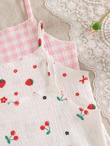SHEIN Bộ đồ 3 món cho bé gái, dễ thương, giản dị, phong cách thường ngày, không tay, in hình dâu tây, anh đào và kẻ caro. - Nhiều màu - Xem 6