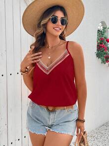 EMERY ROSE Camiseta de mujer elegante con cuello en V de encaje y parches - Burdeos - Ver 5