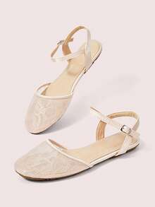 CUCCOO DOLLMOD Women's Shoes, Pink Fashion Round Toe Flower Embroidery Word With Mary Jane Cute And Sweet, Closed Toe Side Empty Flat Sandals - Flower powder - View 6