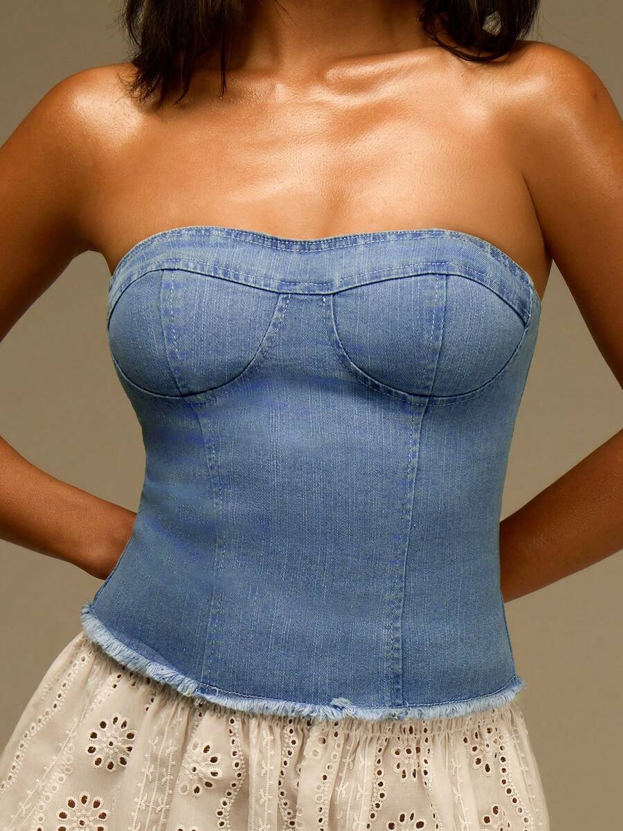 Athîral Denim Áo ống denim gợi cảm, đa năng, thời trang dành cho nữ - Màu xanh lam - Xem 1