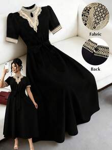 SHEIN CURVE+ Đầm casual thanh lịch cổ bẻ viền hoa dành cho nữ, cỡ lớn. - màu đen - Xem 1