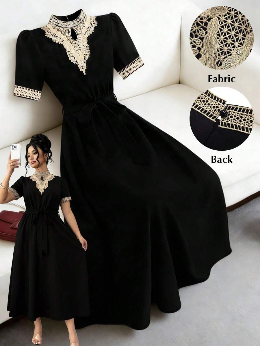 SHEIN CURVE+ Đầm casual thanh lịch cổ bẻ viền hoa dành cho nữ, cỡ lớn. - màu đen - Xem 1